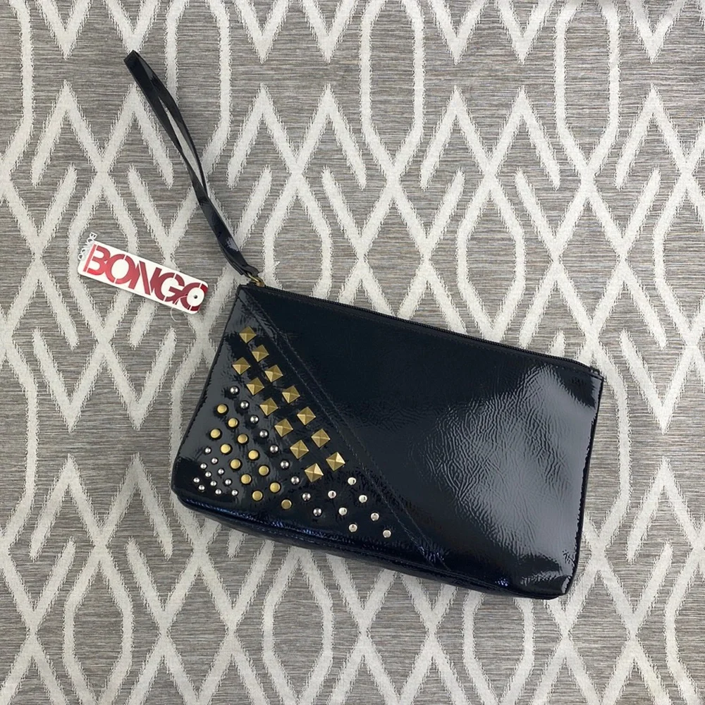 Bongo Clutch Studded Mixed Metal Black Patent Leather Zip Clutch w/ Wris…